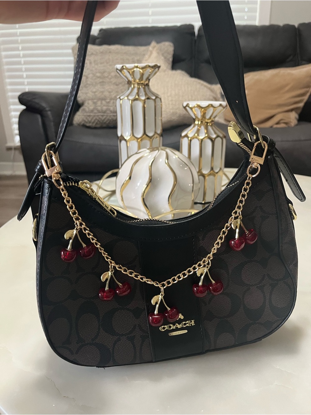 COACH Black Signature Canvas Shoulder Bag with Red Cherry Charm Chain